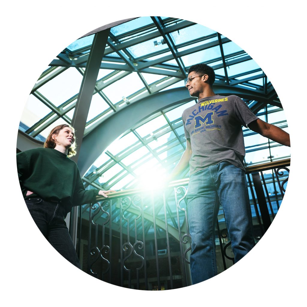 Students gathering on the balcony in the Michigan Unioin.
