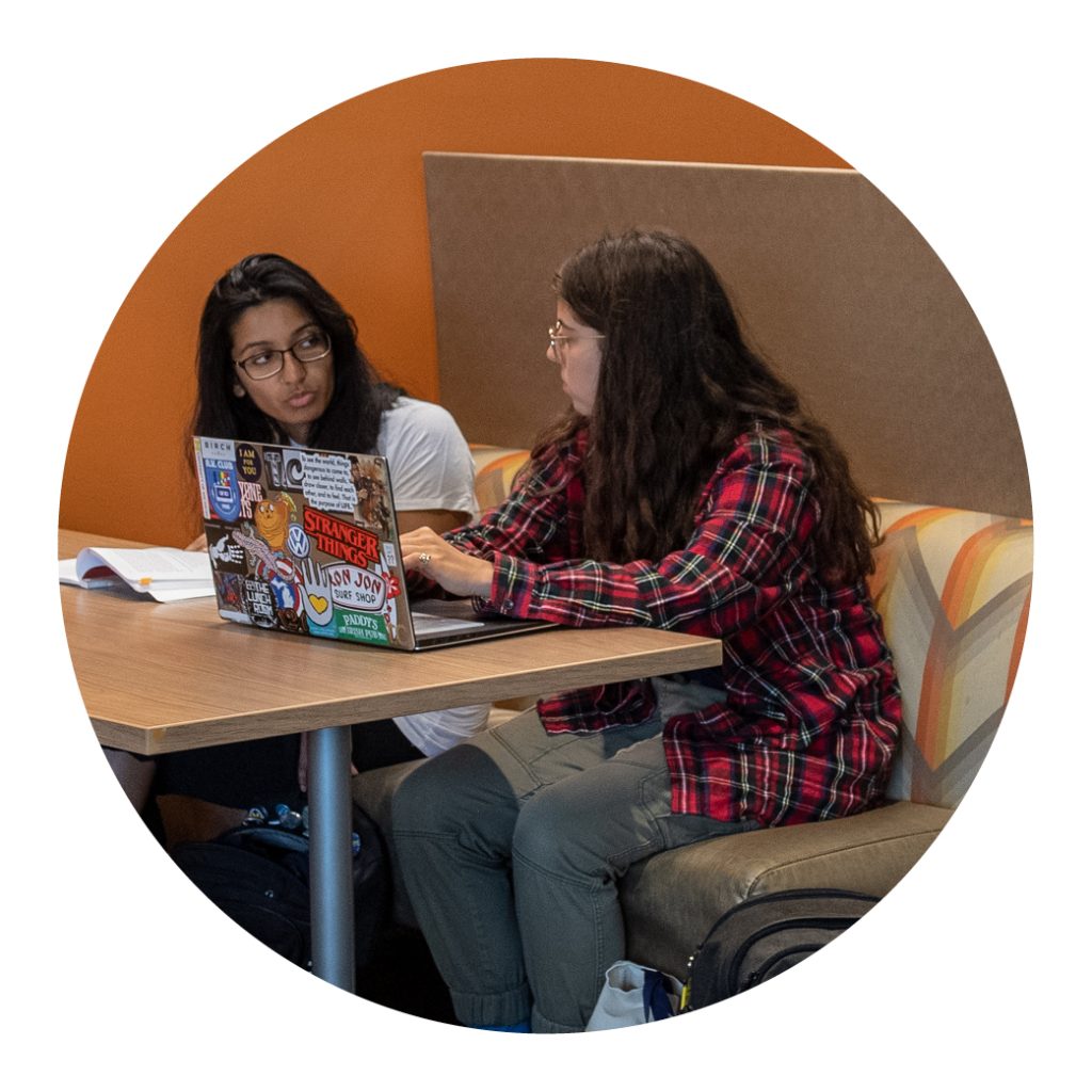 Students eating and studying