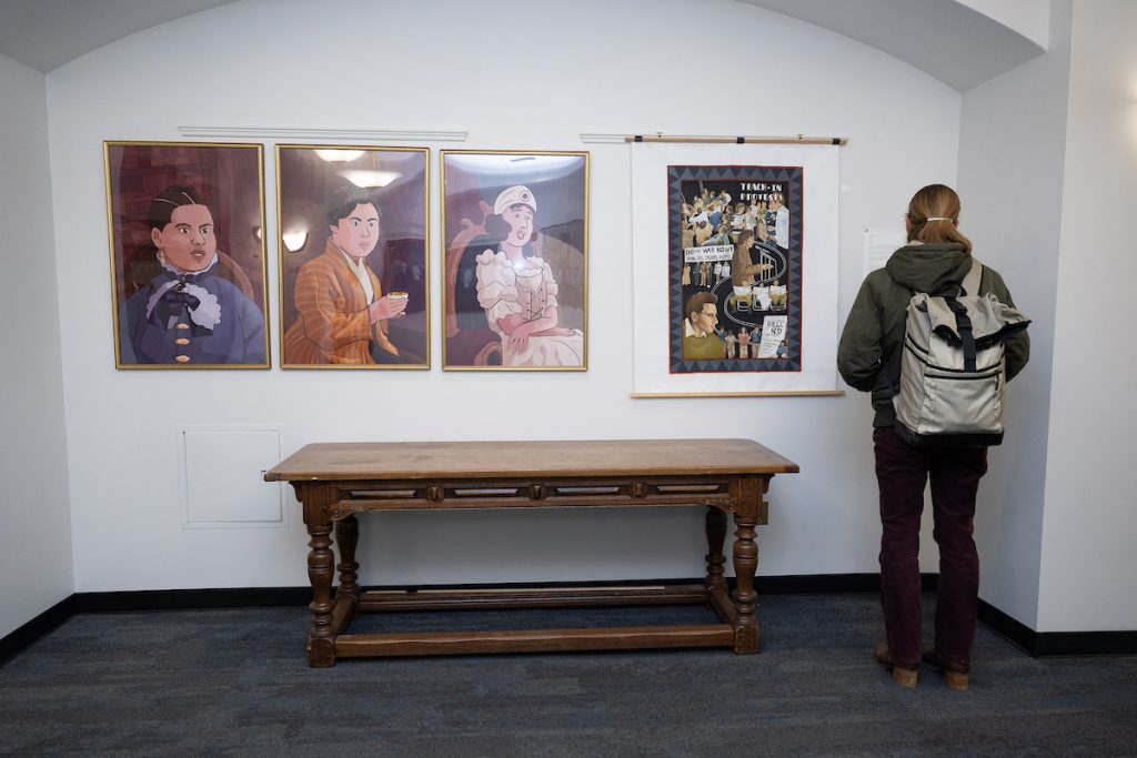 Artwork depicting historic aspects of the student unions on campus.